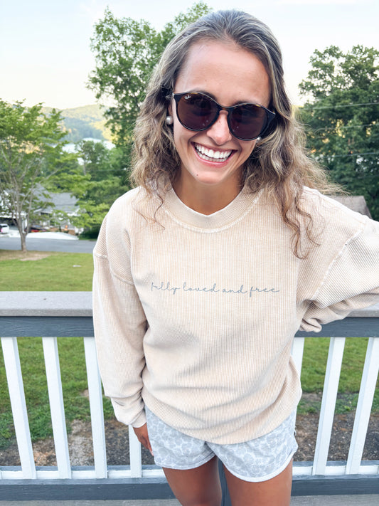 Fully Loved and Free Script Tan Corded Crew