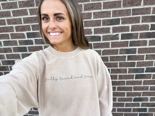 Fully Loved and Free Script Tan Corded Crew