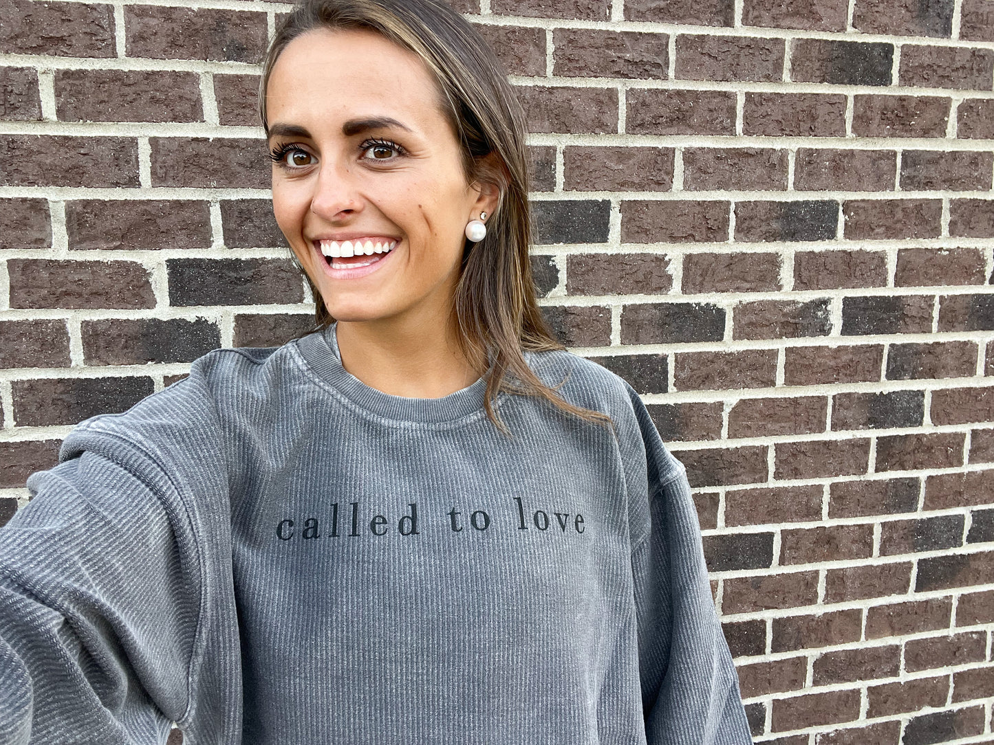 Called to Love grey corded crew