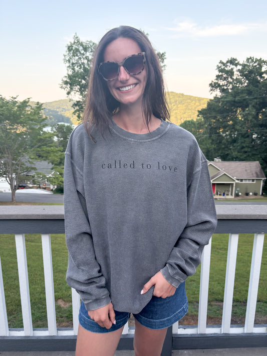 Called to Love grey corded crew